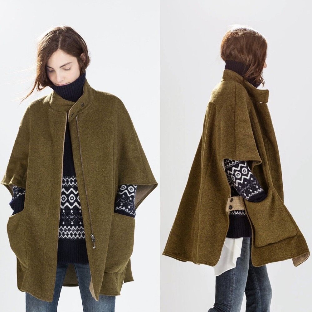 Zara Basic Olive Green Wool Open Buttoned Oversize Zip Up Jacket Poncho Womens M